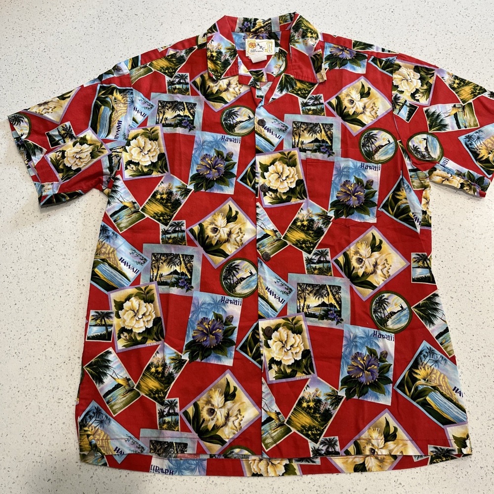 Vintage ABC Fashion Authentic Red Hawaiian Mens Short Sleeve Shirt Size XL